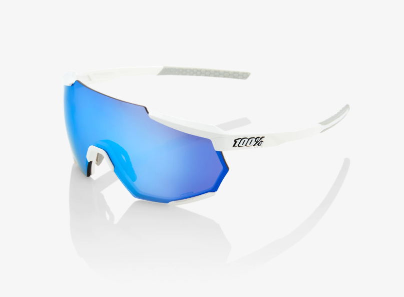 100% Racetrap Sunglasses, Matte White frame - HiPER Blue Multilayer Mirror Lens
